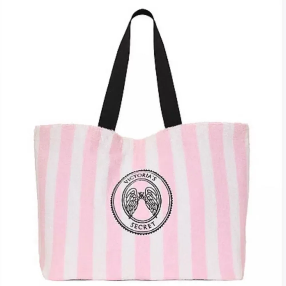 2026 NWT Victoria's Secret Angel Essentials Pink & White Stripe Terry Beach Tote